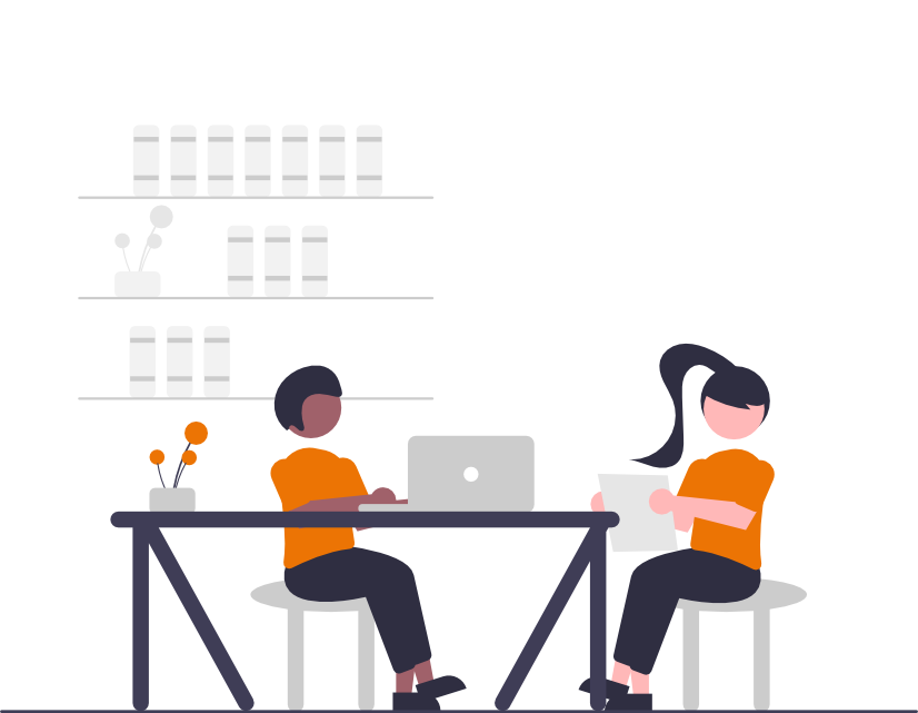 Illustration von zwei Person die zusammen an einem Tisch sitzen in einem Arbeitsumfeld